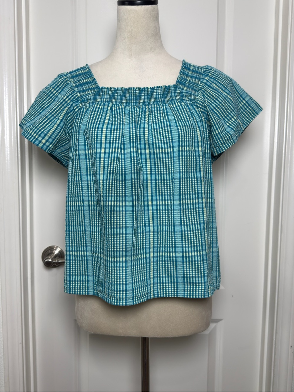 Rails Teal Plaid Short-Sleeve Square-Neck Top